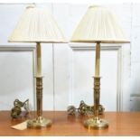 TABLE LAMPS, a pair, Directoire candlestick lamps, each 58cm H including silk shades, gilt metal