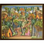 JONNY (Haitian) 'Figures in a Village', gouache, signed, 75cm x 89cm, framed.