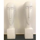 SCULPTURAL BUSTS, a pair, contemporary school, glazed ceramic, 60cm x 14cm x 15cm. (2)