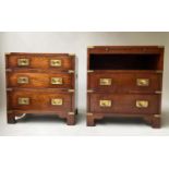 CAMPAIGN STYLE BEDSIDE CHESTS, a companion pair elm and brass bound with three long drawers the