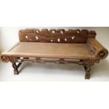 WINDOW SEAT, early 20th century Chinese carved hardwood with raised back and cane work panelled