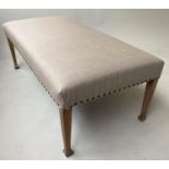 HEARTH STOOL, Edwardian, rectangular seat with studded linen and tapering supports, 122cm x 64cm x