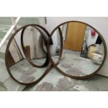 CIRCULAR WALL MIRRORS, a pair, 84cm diam, bronzed frames. (2)