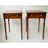 LAMP TABLES, a pair, George III design burr walnut and crossbanded each with drawer, 50cm W x 46cm D