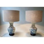 TABLE LAMPS, a pair, Chinese duck egg blue ceramic of facetted vase form with blossom, 75cm H. (2)