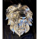 ROARING LION HEAD WALL RELIEF PLAQUE, silvered finish, 49cm x 43cm x 14cm.