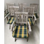 GARDEN SET BY NOVA, silvery weathered slatted teak with folding table, six folding armchairs with