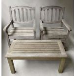 GARDEN ARMCHAIRS AND TABLE, a pair, substantial silvery weathered teak with arched backs 60cm W,