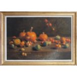 CAROLYN JUNDZILO (Contemporary American) 'Still Life of Pumpkins and Chinese Lanterns', oil on