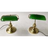 BANKERS LAMPS, a pair, brass with green glass shades, 30cm H. (2)