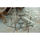 MERROW ASSOCIATES STYLE LOW TABLE, 107cm diam. x 41cm H, the circular glass top on a metal base.