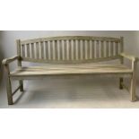 GARDEN BENCH, silvery weathered teak slatted with arched back, 180cm.
