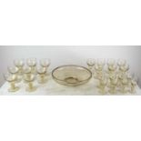 DRINKING GLASSES, mid century smoked glass, two sets of eight and a set of seven with a matching