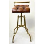 MUSICIAN/CELLISTS CHAIR, Victorian brass with buttoned tan leather seat, adjustable stamped 'G