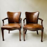 LIBRARY ARMCHAIRS, a pair, George III design brass studded light tan leather by Maple & Co, 63cm