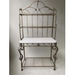 BAKERS RACK, Spanish style wrought iron with scroll supports and slatted shelves, 100cm W x 50cm D x