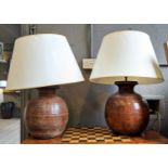 TABLE LAMPS, 66cm H, a pair, wooden sphere design, with shades. (2)