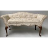 WINDOW SEAT, 58cm H x 117cm, Queen Anne style walnut gold brocade upholstered with raised back,