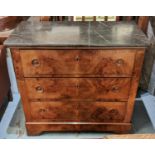 COMMODE, 100cm W x 50cm D x 95cm H, 19th century French burr walnut with grey marble top above three