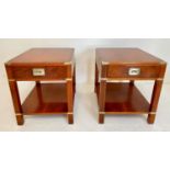 BEDSIDE TABLES, 57cm H x 48cm W x 61cm D, a pair, campaign style yewwood and brass bound, each