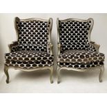 WING ARMCHAIRS, a pair, French grey painted and studded black and white abstract velvet