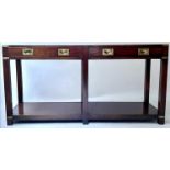 CONSOLE/HALL TABLE, Campaign style mahogany and brass bound with two drawers, 69cm H x 41cm x