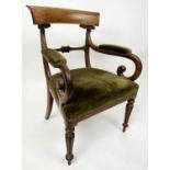 OPEN ARMCHAIR, 93cm H x 64cm W, William IV mahogany, circa 1835, in old green velvet.