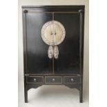 MARRIAGE CABINET, Chinese black lacquered and silvered metal mounted with two doors full height