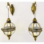 WALL HANGING CANDLE LANTERNS, a pair, gilt metal, regency style globular design, 80cm x 25cm x 25cm.