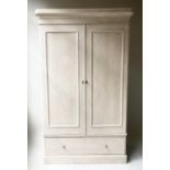 WARDROBE, Victorian grey painted with two panelled doors enclosing hanging space above a drawer,