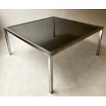 ATTRIBUTED TO MERROW ASSOCIATED LOW TABLE, vintage 1960's chromed with sepia glass, 90cm x 90cm x