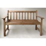 LISTER GARDEN BENCH, weathered slatted teak with flat-top arms, by 'Lister', 128cm W.