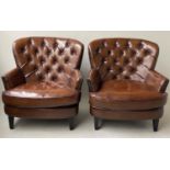 CLUB ARMCHAIRS, a pair, brass studded hand coloured brown buttoned leather, 85cm W. (2)