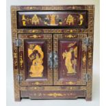 CHINESE SIDE CABINET, early 20th century Chinese magenta lacquered and gilt Chinoiserie decorated