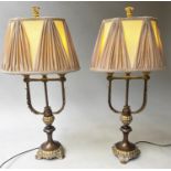 TABLE LAMPS, a pair Empire style bronze and gilt leaf with pleated silk shades, 65cm H. (2)