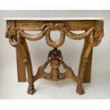 CONSOLE TABLE, Italian style giltwood, demi lune with carved swag frieze and veined white marble