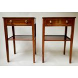 LAMP TABLES, a pair flamed mahogany cross banded each with drawer and undertier, 39cm W x 32cm D x