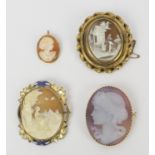 CAMEO BROOCHES, four, comprising one with an 18ct gold mount, depicting the profile of a lady, a 9ct