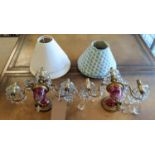 WALL LIGHTS, a set of six, Victorian, three branch, cranberry cut glass an gilt finish, with