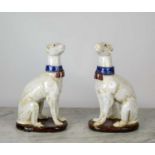 GREYHOUNDS, a pair, mid-century Italian Majolica, 36cm H. (2)