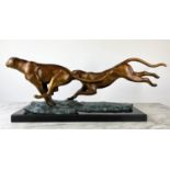 RUNNING CHEETAHS SCULPTURE, 20th century patinated gilt metal and verdigris on a marble base, 70cm x