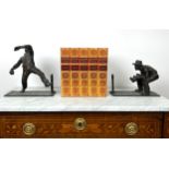 BRONZE CRICKETING BOOKENDS, bowler and wicket keeper, largest 25cm H. (2)