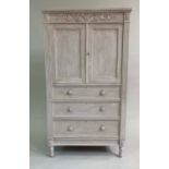 LINEN PRESS, early 20th century French style grey painted with two doors and three drawers (drawer