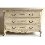 COMMODE, French Louis XV style distressed grey painted with three long drawers, 115cm x 80cm H x