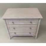 BAMBOO COMMODE, French style faux bamboo and grey painted with three long drawers, 86cm x 49cm x