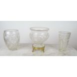 CUT GLASS PEDESTAL BOWL ON ORMOLU STAND, along with two other cut glass vases, 25cm x 30cm H. (3)