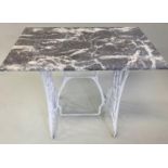 CONSERVATORY/POTTING TABLE, 19th century variegated grey/white marble top on adapted pierced