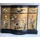 CHINOISERIE SIDE CABINET, gilt decorated with bow front, three drawers and four doors, 107cm x