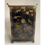 SIDE CABINET, Chinese black lacquer with gilt Chinoiserie decoration and two doors, 71cm x 31cm x