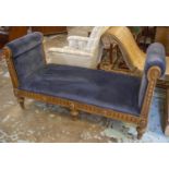 WINDOW SEAT, 83cm H x 159cm W x 65cm D, late 19th/early 20th century, giltwood in blue velvet.